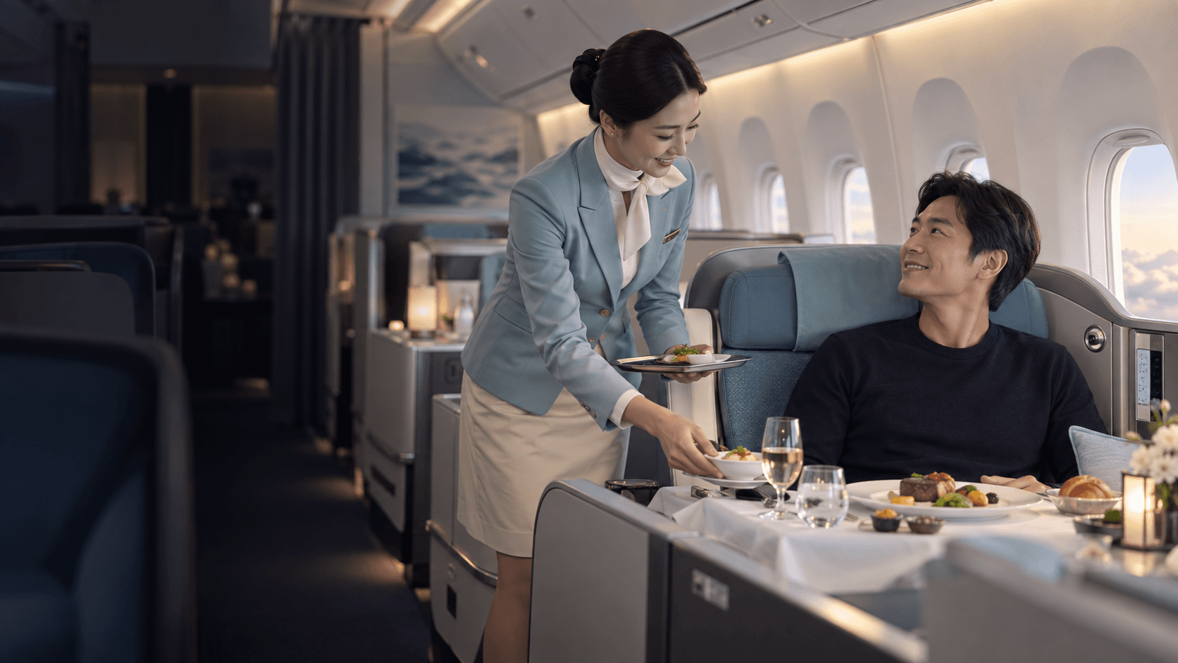 Khoang ghế thương gia Korean Air có nhân viên phục vụ